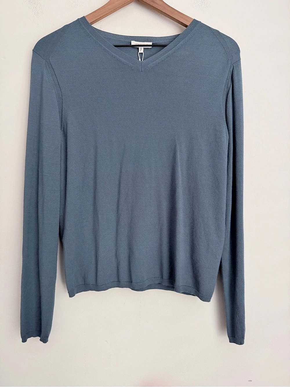 Lafayette 148 Long Sleeve sweater v neck smocked slate Blue lightweight M NWT